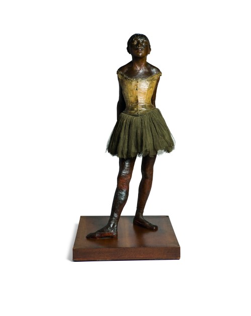 Edgar Degas. Petite danseuse de quatorze ans (Little dancer aged fourteen), cast 1922 from a mixed-media sculpture c1879-81. Bronze with brown patina, muslin skirt, satin hair ribbon, and wooden base. 38 1/2 x 16 1/2 x 19 3/4 in (97.8 x 41.9 x 50.2 cm). Wexner Family Collection.